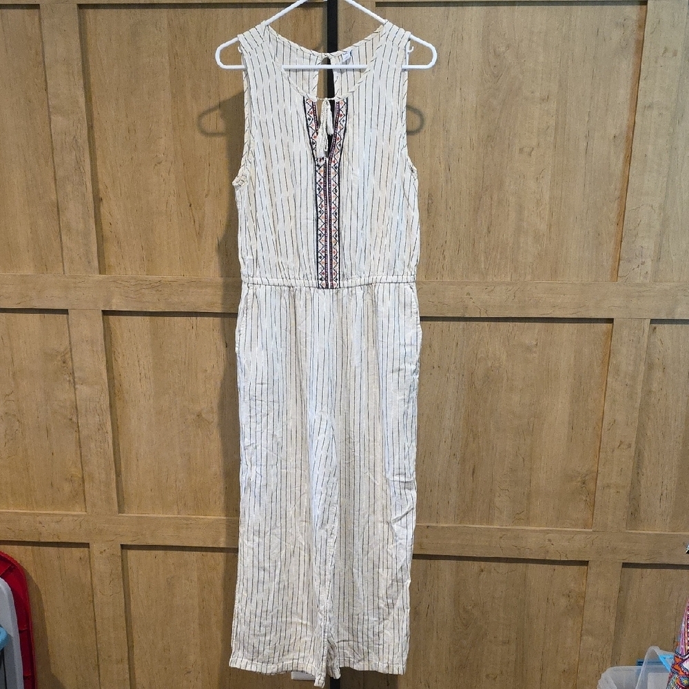 Old Navy Cream Striped Sleeveless Jumpsuit with Embroidered Placket